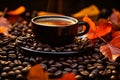 Savoring a steaming cup of coffee with freshly roasted beans on a chilly morning Royalty Free Stock Photo