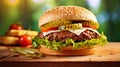 Savory beef burger, grilled to perfection, topped with cheese, lettuce, tomatoes, and a toasted bun