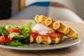 Savory Belgian waffles with egg poached, salmon and salad. eggs