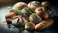 savory breads decorated with herbs and seeds. Generative AI