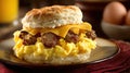Savory breakfast biscuit with sausage, scrambled eggs, and cheddar cheese Royalty Free Stock Photo