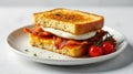 A savory breakfast sandwich featuring crispy bacon, a fried egg, melted cheese, and toasted bread, served on a plate with fresh Royalty Free Stock Photo