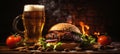 Savory burger delight with freshly tossed salad and chilled beer on luminous background