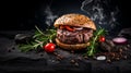 Savory Burger With Fresh Vegetables On Dark Stone Background