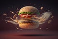 Ai Generative Savory Burger with Magical Flying Elements