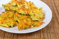 Savory cabbage pancakes on dish on bamboo table mat closeup