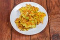 Savory cabbage pancakes on dish on rustic table