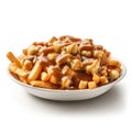 Savory Canadian Poutine on White Plate .