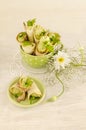 Savory cannoli stuffed with ricotta, peas and parsley. Overhead view