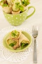 Savory cannoli stuffed with ricotta, peas and parsley. Overhead view, vertical