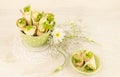 Savory cannoli stuffed with ricotta, peas and parsley. Selective focus