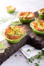 Savory cheddar cheese and leek mini quiches Royalty Free Stock Photo