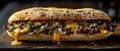 Savory Cheesesteak Symphony: Juicy Beef Meets Melted Cheese. Concept Cheesesteak, Food Photography,