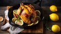 Savory Citrus Delight, Homemade Baked Chicken with Zesty Lemon on a Rustic Wooden Background. Generative AI