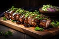 Savory close up of roasted barbecue pork ribs, perfectly sliced and bursting with flavor