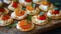 Savory crackers topped with tangy spreads and thinly sliced cheese create a perfect bitesized treat