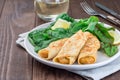 Savory crepe with shrimps and creamy dill sauce served with green leaves salad and lemon, horizontal, copy space