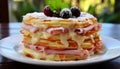 Savory and delectable ham and cheese filled waffles, perfectly arranged and tempting to indulge in