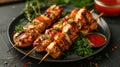 Savory Delight: Chicken Skewers with Ketchup on a Plate in Dark Orange and Gray