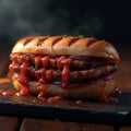 Savory delight Grilled meat sandwich featuring ketchup, onion, and smoky flavor