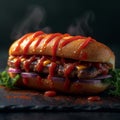 Savory delight Grilled meat sandwich featuring ketchup, onion, and smoky flavor