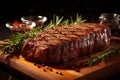Savory delight grilled meat steak on wooden board with rosemary