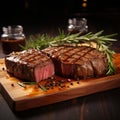 Savory delight grilled meat steak on wooden board with rosemary