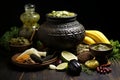 Savory dumplings, aromatic vodka, and tangy pickled cucumbers arranged on a table