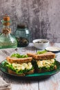 Savory egg salad sandwich with avocado on whole grain bread on a plate vertical view Royalty Free Stock Photo