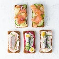 Savory fish smorrebrod, set of five traditional Danish sandwiches. Black rye bread with anchovy, beetroot, radish, eggs, salmon,