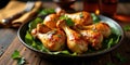 Savory glazed chicken drumsticks on a rustic plate, garnished with fresh herbs. Generative AI Royalty Free Stock Photo