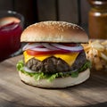 Savory grilled beef burger topped with cheese, tomato, and onion
