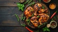 Savory Grilled Chicken Delight on Dark Wooden Table, Top View