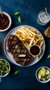 Savory grilled meal featuring meat, fries, and flavorful sauce