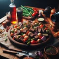 Savory grilled meat skewers with vegetables on a platter