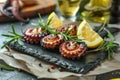 Savory grilled octopus, a classic mediterranean delicacy served on a sleek black plate