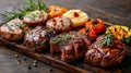 Savory grilled sirloin steak with assorted roasted vegetables on a rustic wooden serving board