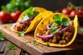Savory ground meat tacos with fresh herbs and onions on a rustic wooden board. Generative AI Royalty Free Stock Photo