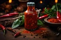 Savory Heat Presentation: An enticing composition showcases a bottle of fiery sauce resting on a textured wooden