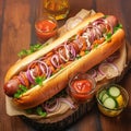 Savory homemade hot dog with sausage, salad, veggies on wood Royalty Free Stock Photo