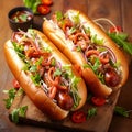 Savory homemade hot dog with sausage, salad, veggies on wood Royalty Free Stock Photo