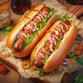 Savory homemade hot dog with sausage, salad, veggies on wood Royalty Free Stock Photo