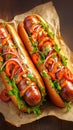 Savory homemade hot dog with sausage, salad, veggies on wood Royalty Free Stock Photo