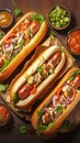 Savory homemade hot dog with sausage, salad, veggies on wood Royalty Free Stock Photo