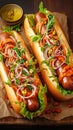 Savory homemade hot dog with sausage, salad, veggies on wood Royalty Free Stock Photo