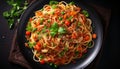 Savory italian spaghetti pasta on dark plate, top view with copy space for text placement