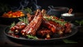 Savory and juicy roasted sliced barbecue pork ribs close up, mouthwatering sliced meat on display