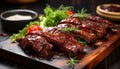 Savory and juicy roasted sliced barbecue pork ribs close up, mouthwatering sliced meat