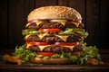 Savory jumbo burger. tasty beef patty, fresh veggies, gooey cheese