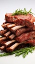 Savory lamb ribs stand out on a clean white background, enticingly appetizing